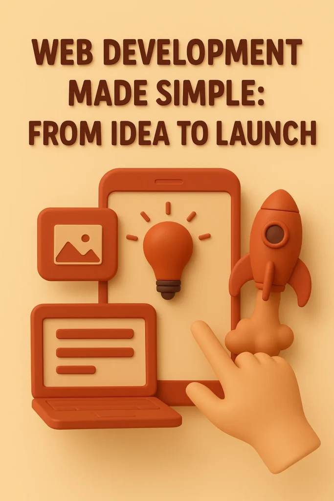 3D illustration showing web development icons like a laptop, light bulb, and rocket launch symbolizing the idea to launch the best freelance digital marketing expert in Calicut, Kerala.